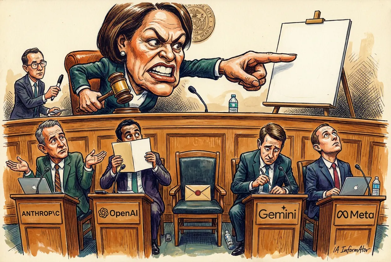 Viñeta: una audiencia del Concejo de Nueva York. Arriba, asomada al estrado y con la cabeza desproporcionadamente grande, la presidenta de la sesión grita con el mazo en una mano y señala con un índice gigantesco un caballete que sostiene una lámina completamente en blanco; detrás de ella, en la pared, un sello circular de la ciudad, y a su izquierda un secretario tiende un rotulador que nadie coge. Debajo, tras un largo banco de madera, cuatro atriles con las marcas grabadas en el frontal: ANTHROP\C, OpenAI, Gemini y Meta. Tras cada uno, un directivo de traje esquiva la pregunta a su manera: el primero encoge los hombros con las palmas abiertas, el segundo se tapa la cara con una carpeta abierta, el tercero suda con el bolígrafo en la mano y el cuarto mira al techo. Entre los dos pares, en el hueco del quinto sitio, hay una silla vacía con un sobre lacrado encima del asiento.