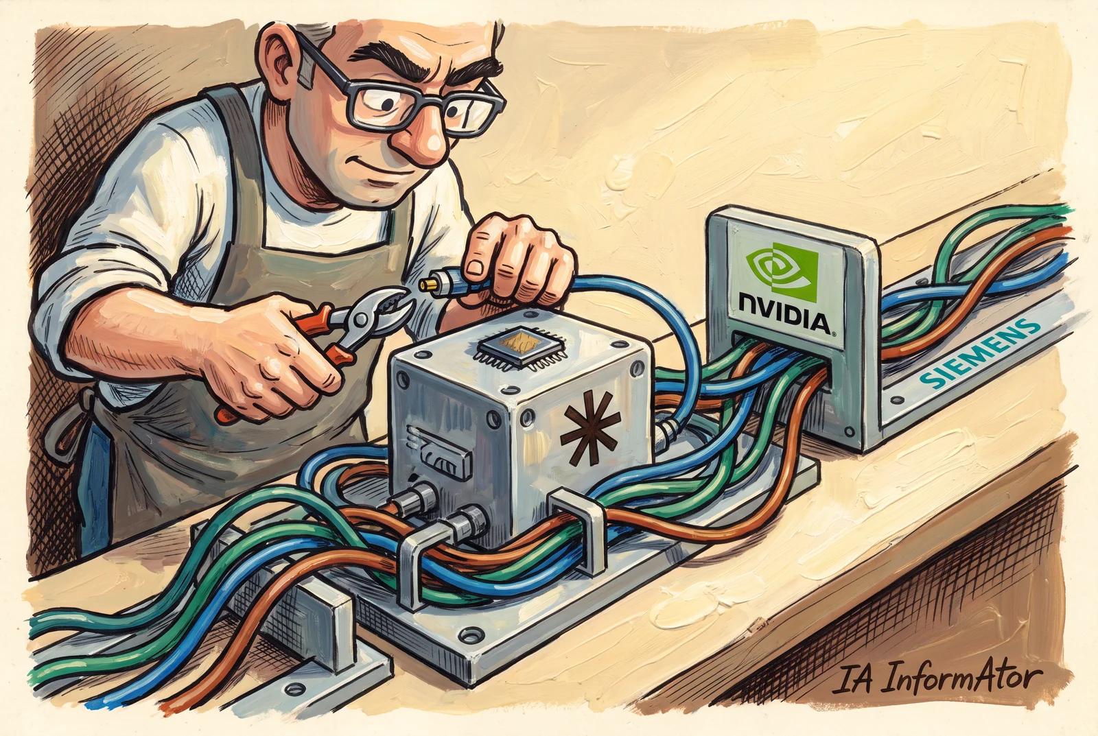 Il·lustració: un sastre ajusta un arnès de cables al voltant d'un bloc que roman intacte, preparat per treballar sobre un petit xip.