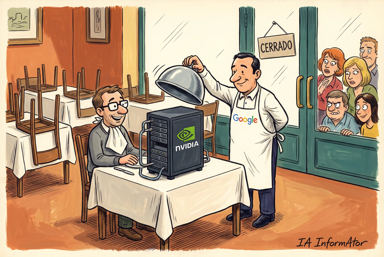 Il·lustració: en un restaurant encara tancat, amb les cadires sobre les taules i el rètol de «Cerrado» a la porta, un investigador sopa sol mentre un cambrer amb davantal de Google li serveix sota la campana un bastidor amb el logotip de NVIDIA; des de fora, altres clients miren. Representa el primer client que estrena les instàncies A5X de Google Cloud amb NVIDIA Vera Rubin.