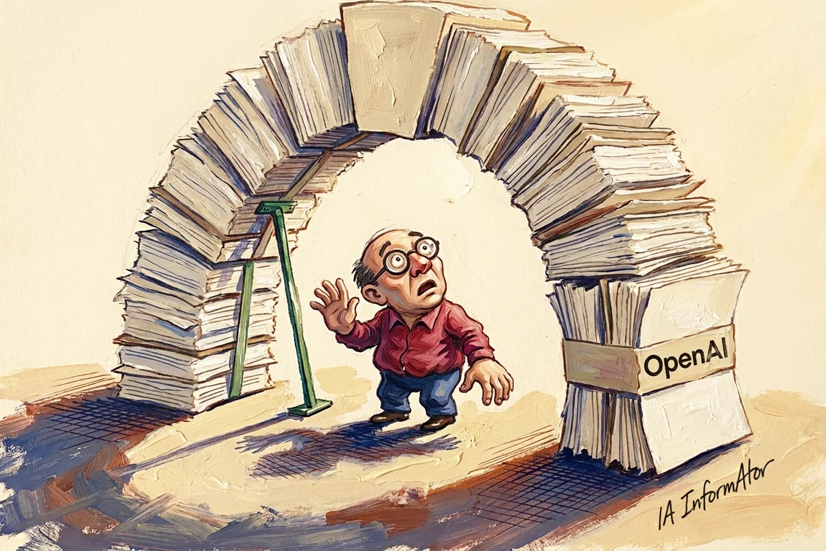 Un hombre mira alarmado un arco construido con montones de manuscritos, apoyado en un fajo rotulado OpenAI y una escalera.