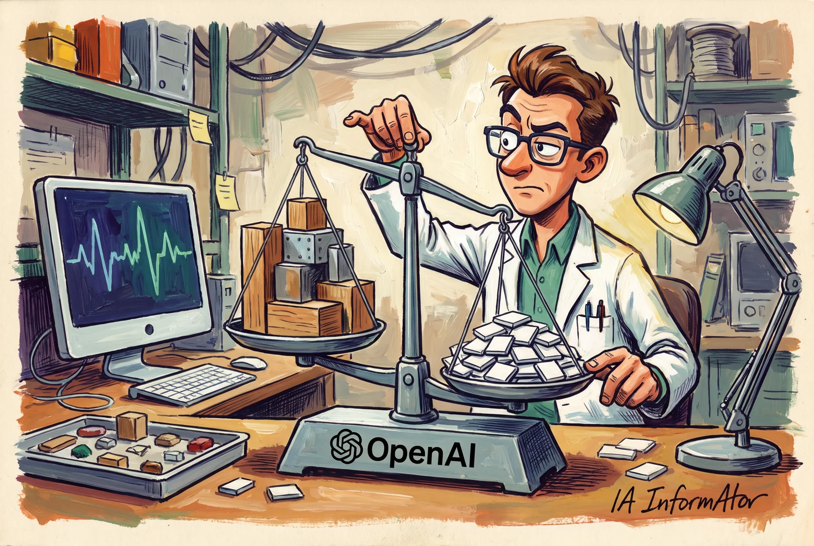 Il·lustració d’una persona amb bata que sosté una balança amb blocs i fitxes sobre una base amb el logotip d’OpenAI.