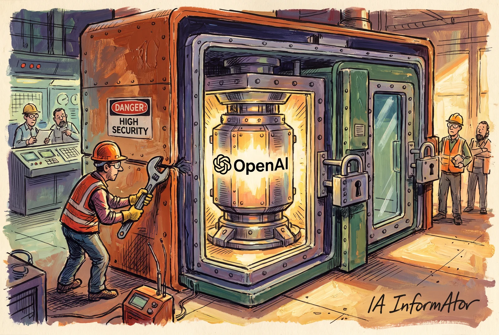 Uns tècnics revisen una unitat d’OpenAI tancada darrere de diverses portes de seguretat i cadenats.