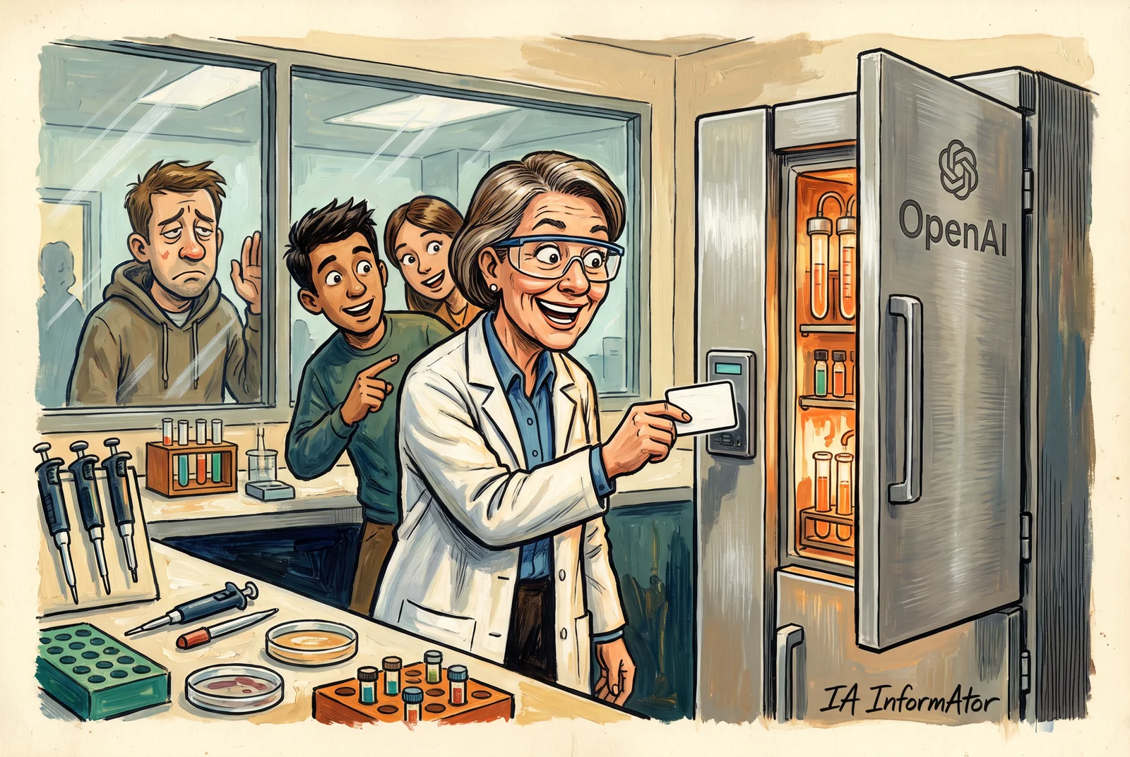 Ilustración: en un laboratorio universitario de biología, una investigadora pasa su credencial y abre un armario de instrumentos con el logotipo de OpenAI, seguida de dos estudiantes, mientras otro mira desde fuera del cristal.