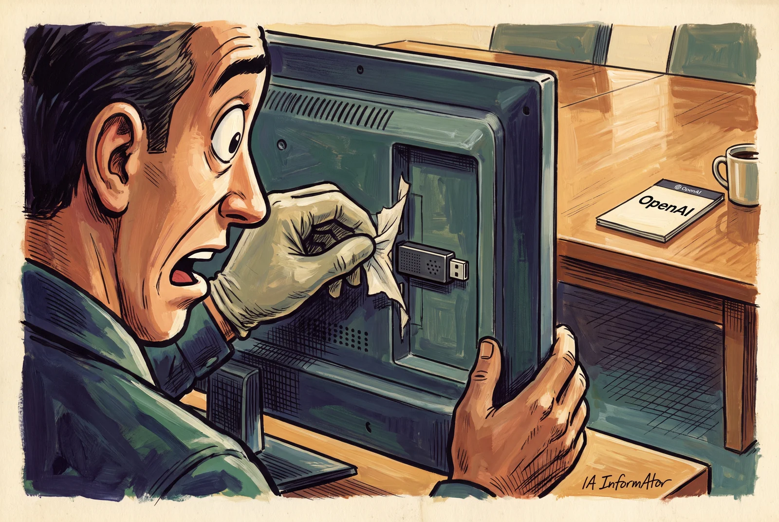Il·lustració d’una persona que aixeca un paper de la part posterior d’un televisor i deixa a la vista un dispositiu USB, al costat d’un quadern d’OpenAI.