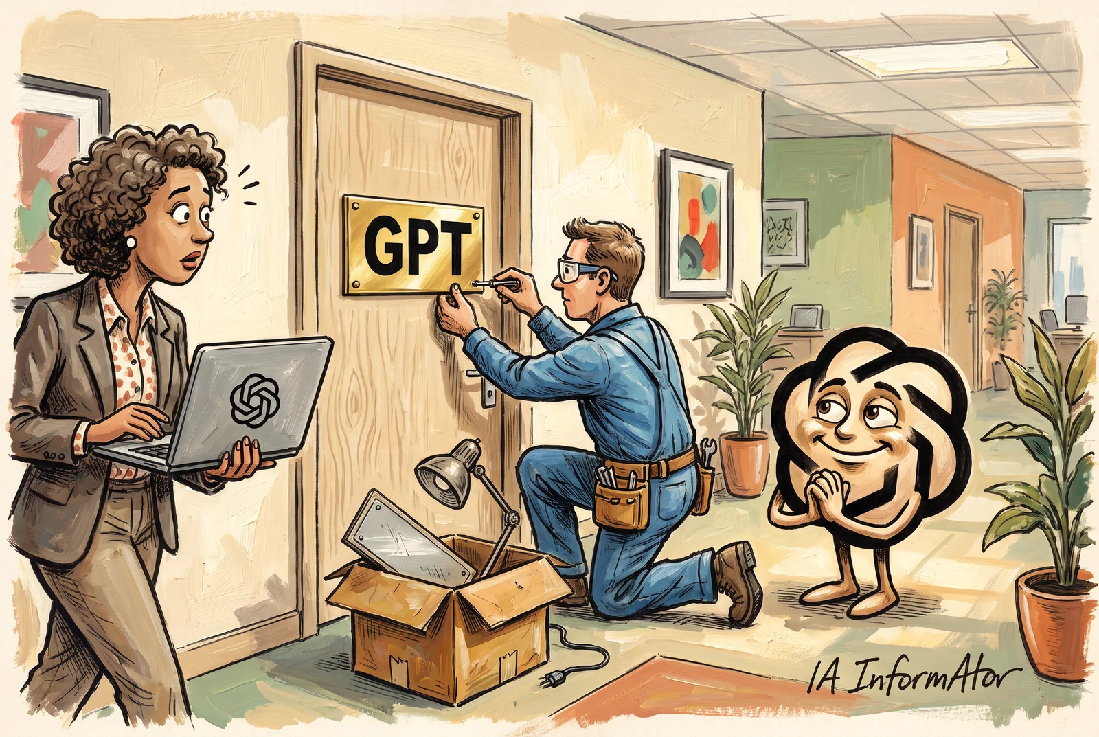 Al passadís d'una oficina, un operari agenollat cargola en una porta una placa daurada amb la paraula «GPT»; als seus peus, en una caixa de cartró, treuen el cap la placa vella i un llum, mentre el logo d'OpenAI, convertit en personatge, el mira encantat amb les mans juntes i una empleada amb un portàtil d'OpenAI es gira sorpresa en passar.