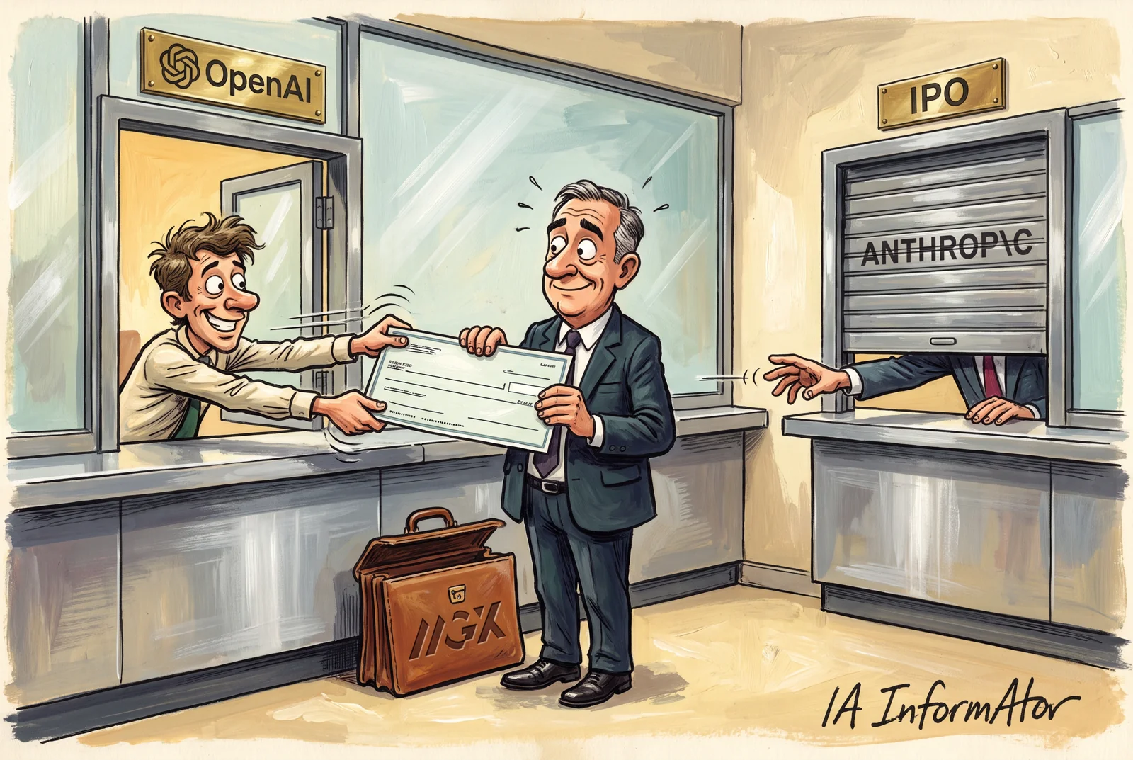 Il·lustració: en un banc, un inversor amb un maletí de MGX sosté un xec entre dues finestretes: des de la d'OpenAI, un empleat somrient estira el xec amb pressa; la d'Anthropic, retolada «IPO», té la persiana a mig pujar i la mà del seu empleat no hi arriba. Representa la ronda que OpenAI vol tancar abans de la sortida a borsa d'Anthropic, amb inversors com MGX a totes dues.