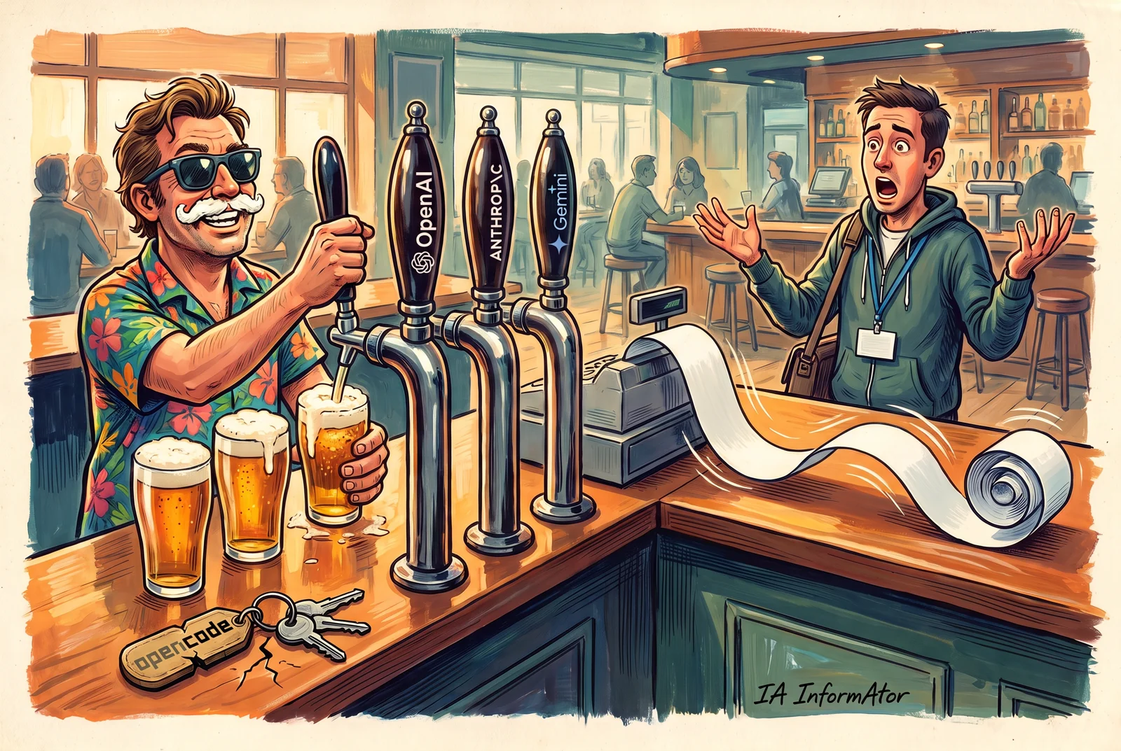 Ilustración: en la barra de un bar, un gorrón con camisa de flores y gafas de sol se sirve cerveza de tres grifos con las marcas de OpenAI, Anthropic y Gemini; junto a sus jarras hay un llavero roto de OpenCode, y un tique en blanco larguísimo cruza la barra hasta un programador que mira espantado.