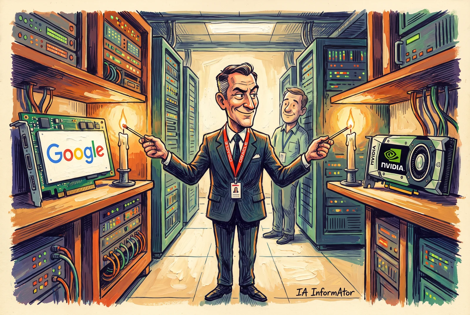 En una sala de servidores, un ejecutivo con la acreditación de Oracle enciende a la vez una vela ante una placa con el logo de Google y otra ante una tarjeta gráfica de Nvidia, mientras un técnico lo mira divertido.