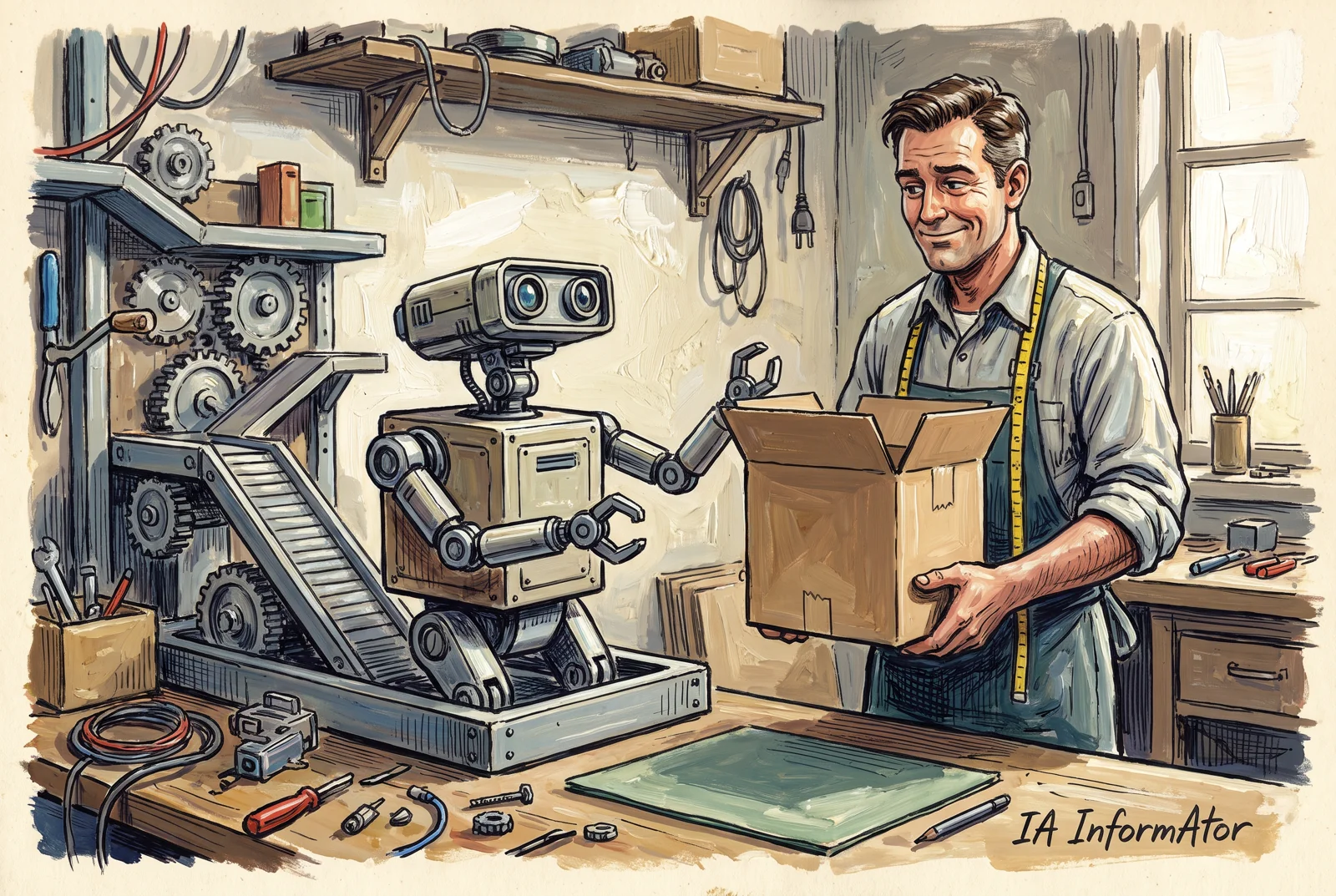 Un robot retro amb ulls rodons i braços articulats amb pinces és en una safata al costat d’una cinta i engranatges exposats, mentre una persona somrient sosté una capsa oberta.