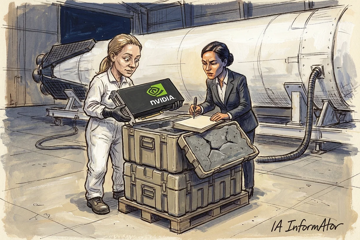 Dos hombres cierran un acuerdo sobre una caja de equipamiento junto a un avión privado; uno sostiene un maletín con la marca Nvidia.