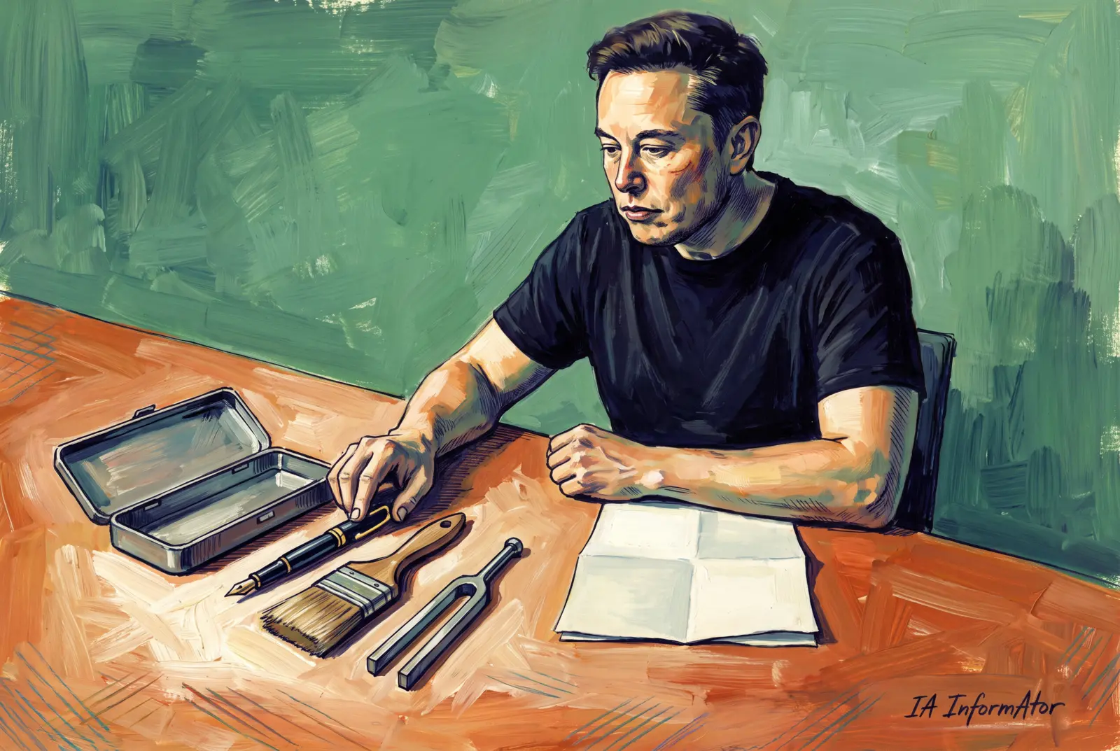 Il·lustració d’Elon Musk davant d’una taula amb una ploma, un pinzell i un diapasó, al costat d’un estoig obert.