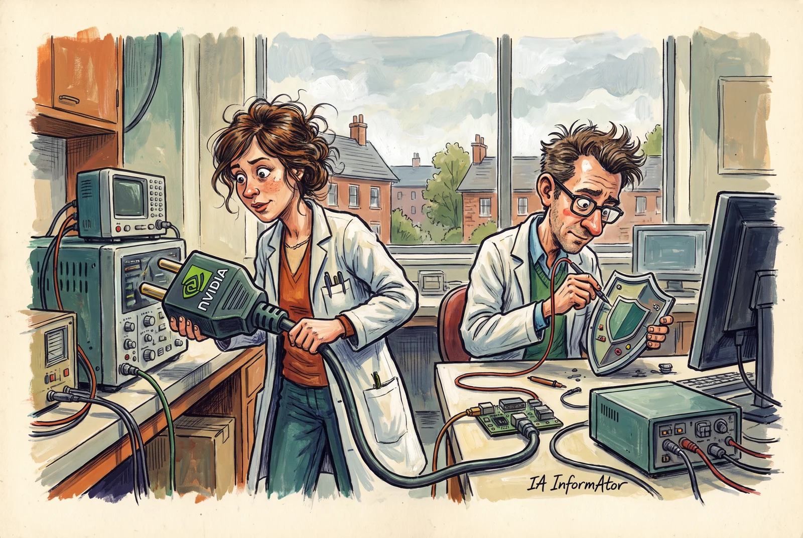 Ilustración de dos personas con bata: una sostiene un gran enchufe Nvidia y otra conecta un cable a un escudo.