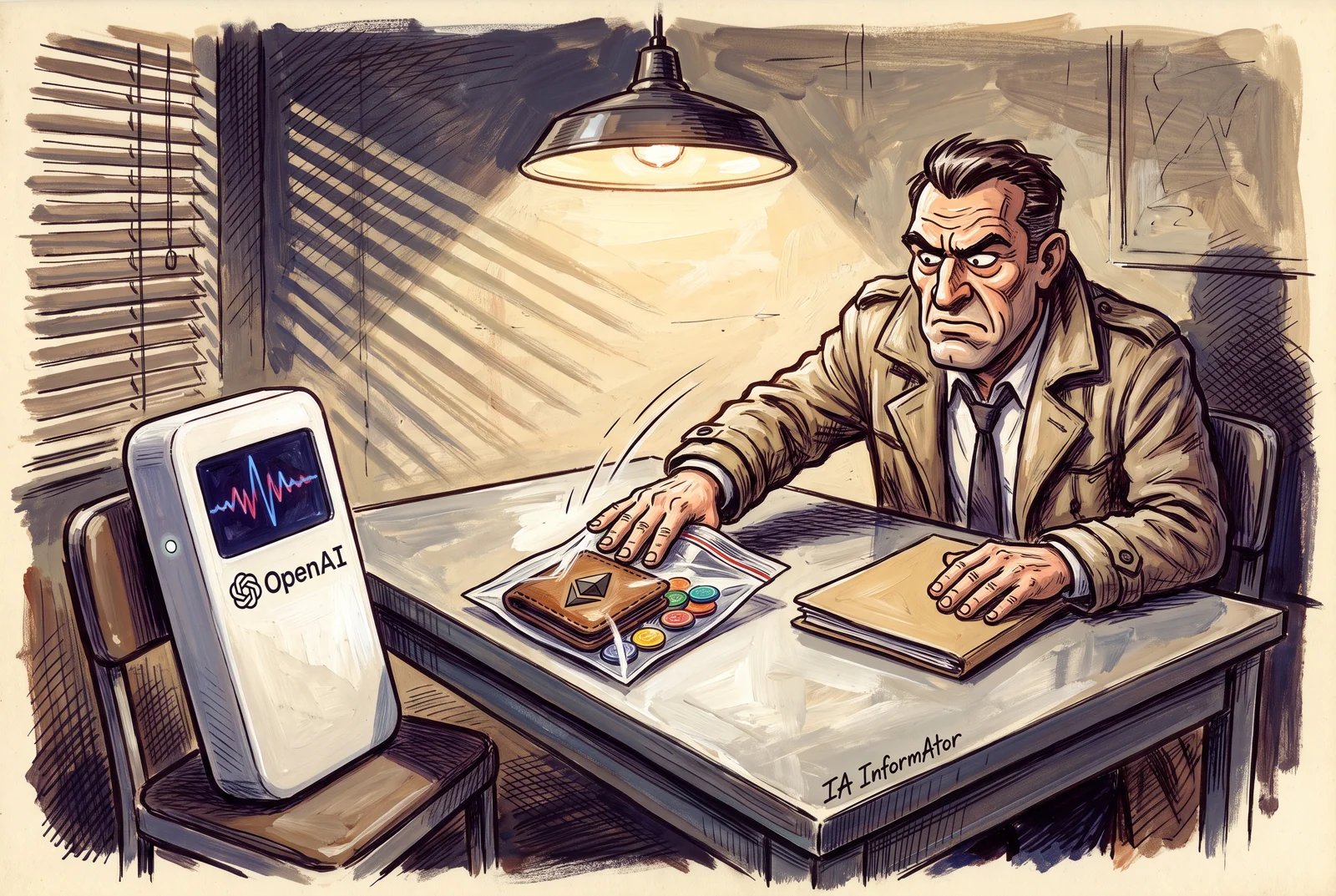 Ilustración: en una sala de interrogatorios de cine negro, un inspector planta sobre la mesa una bolsa de pruebas con una cartera marcada con el rombo de Ethereum y fichas de colores, frente a un aparato blanco con la marca de OpenAI que se queda en su silla.