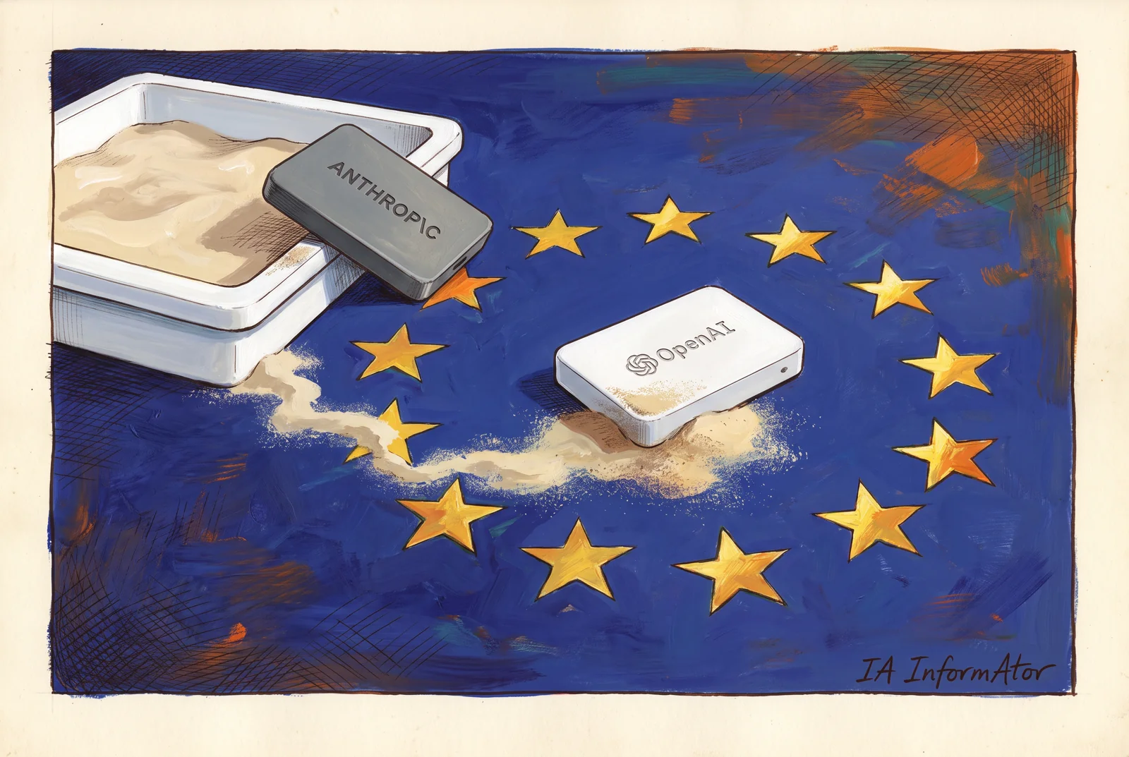 Il·lustració: un sorral blanc sobre la bandera europea; un aparell d'OpenAI n'ha sortit deixant un rastre de sorra dins del cercle d'estrelles i un altre d'Anthropic treu el cap per la vora.