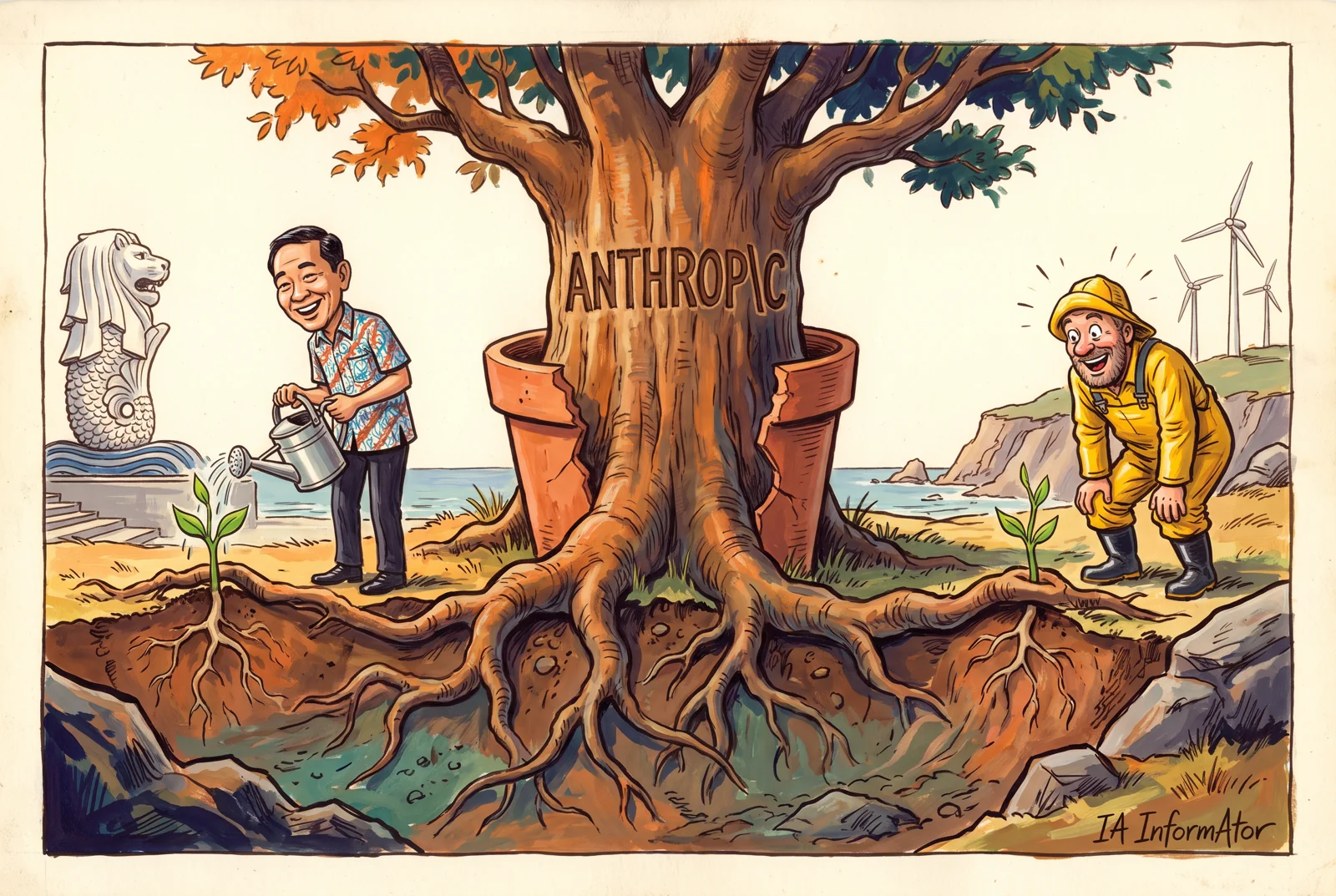 Ilustración: un gran árbol con «ANTHROPIC» grabado en el tronco revienta su maceta y extiende raíces bajo tierra que hacen brotar dos plantones: uno junto al Merlion de Singapur, que riega un hombre sonriente, y otro en una costa con molinos de viento, donde un hombre con impermeable amarillo lo mira encantado. Representa la nueva oficina de Anthropic en Singapur y su primer centro de datos en Canadá, en Nueva Escocia.