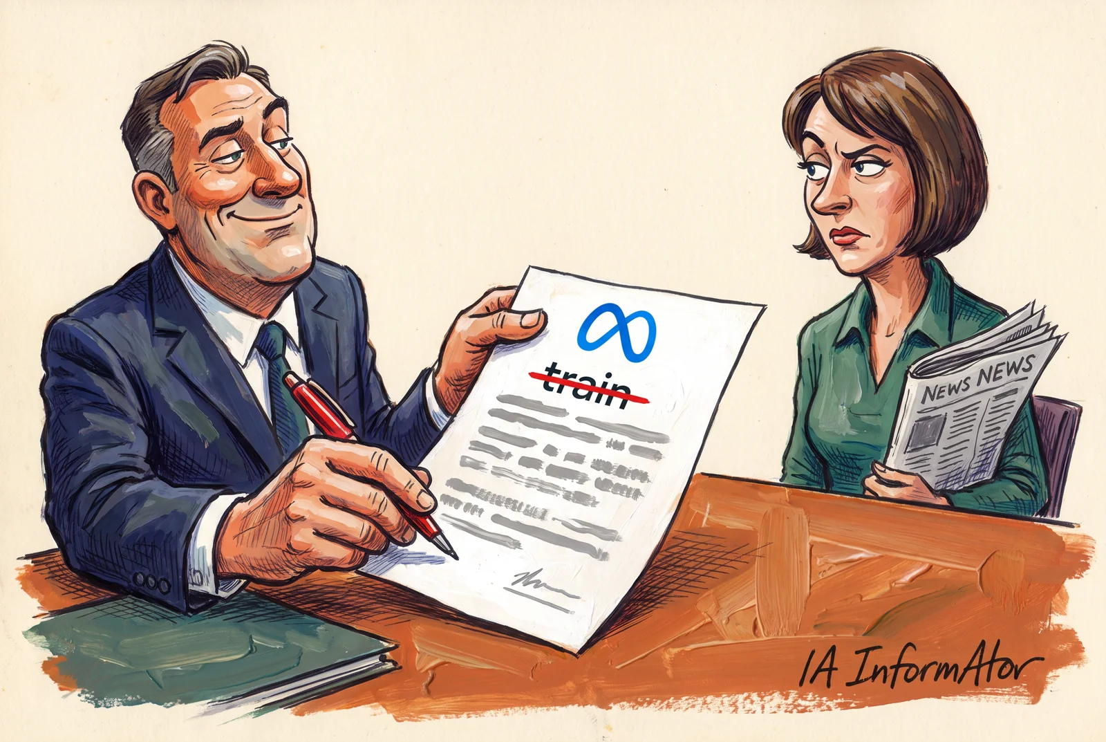 Ilustración: un abogado sonriente con un bolígrafo rojo enseña a una editora de periódico un contrato con el logotipo de Meta en el que solo ha tachado la palabra «train», mientras el resto de la cláusula sigue intacto; ella lo mira escéptica. Representa los nuevos términos de Meta para empresas, que quitan «train» pero siguen permitiendo un rastreo amplio de webs.