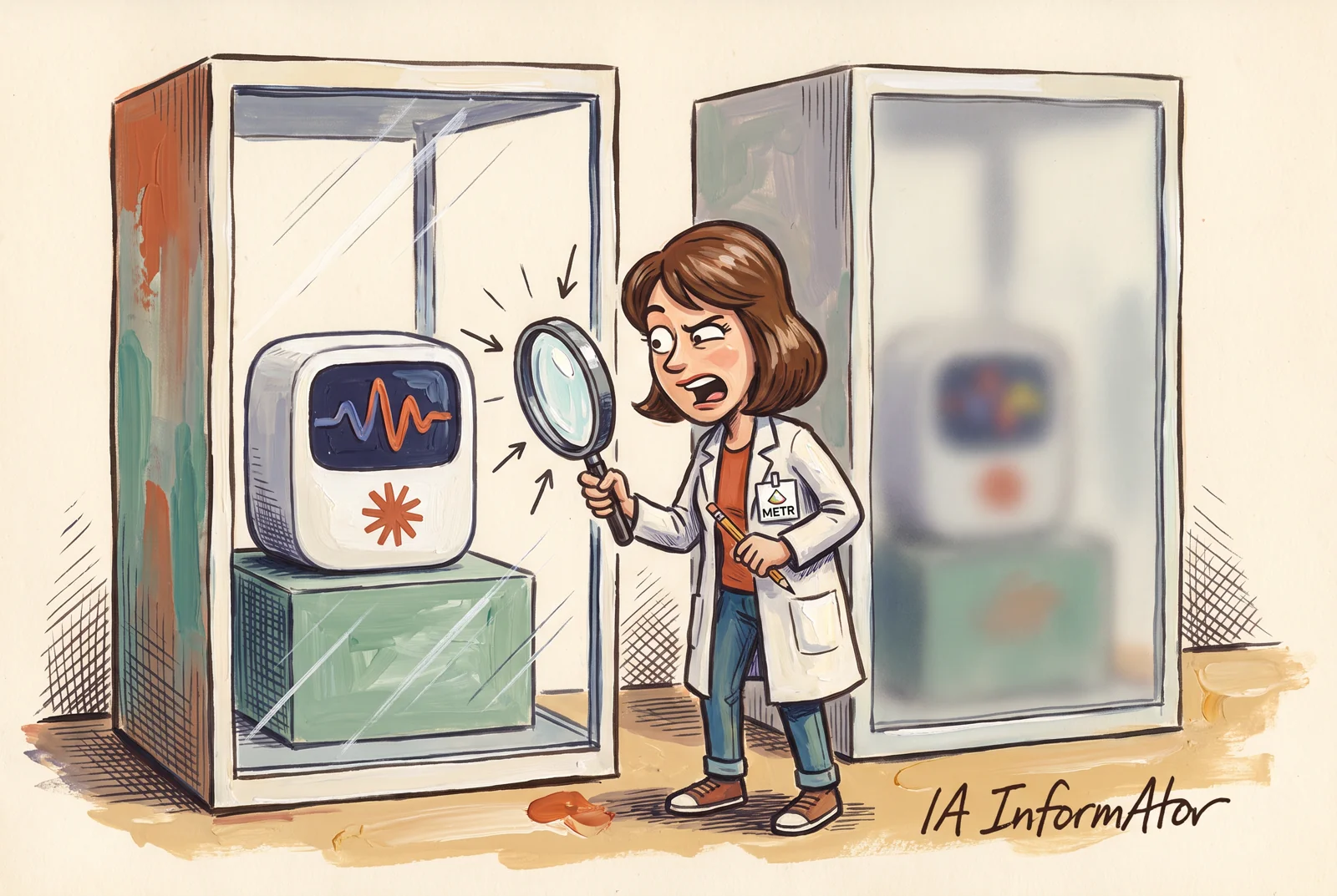 Ilustración: una inspectora con bata y la acreditación de METR mira con lupa dos cabinas iguales: tras el cristal transparente se ve con claridad un aparato con el logotipo de Claude; tras el cristal esmerilado, solo una mancha borrosa. Representa la revisión de METR: vigilar a Claude funciona cuando su razonamiento está a la vista.