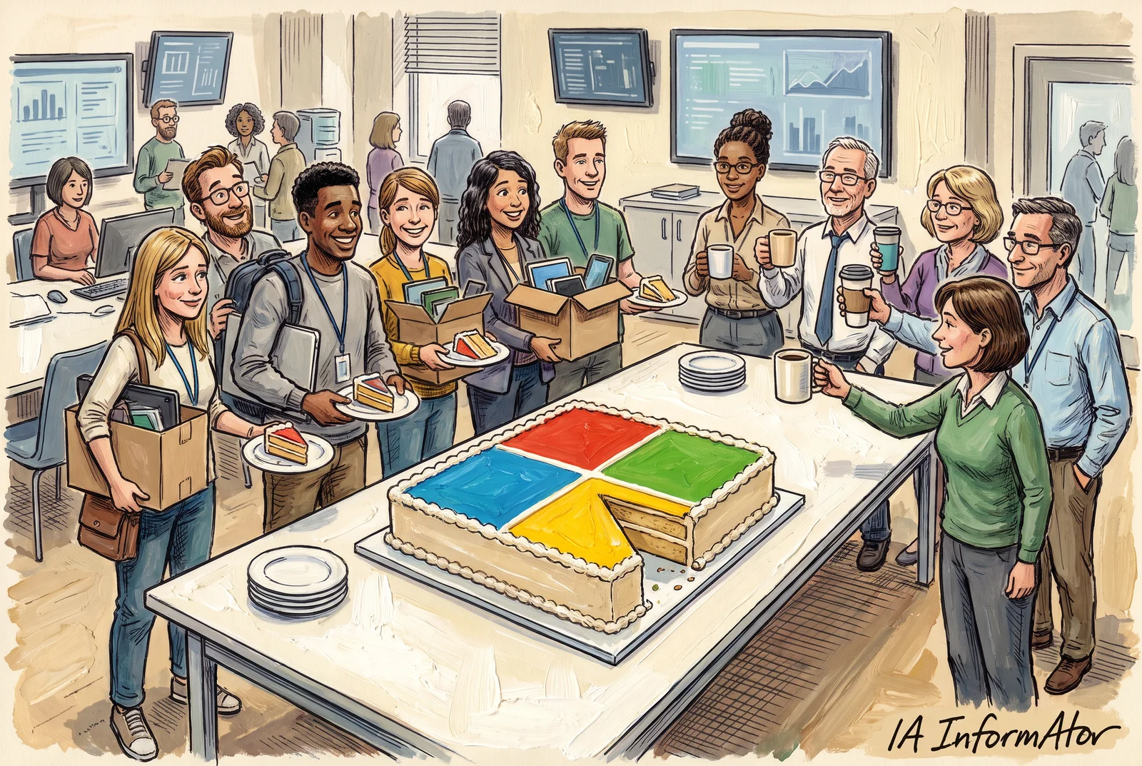 En una festa de comiat, empleats amb caixes recullen porcions d'un pastís amb els quatre colors de Microsoft al qual ja li falta un tros, mentre els que es queden brinden amb cafè.
