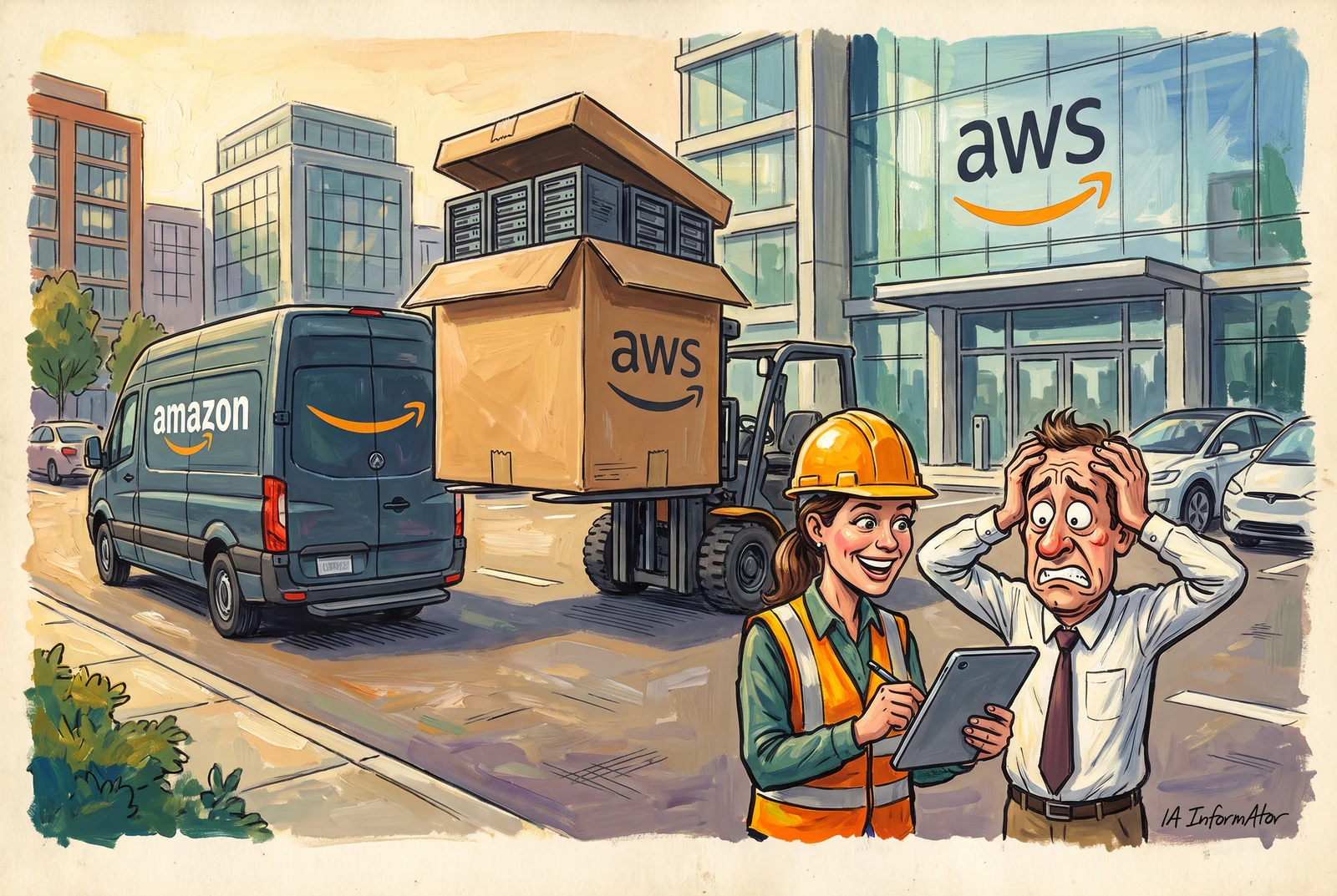 Davant de la seu d'AWS, un carretó elevador descarrega al costat d'una furgoneta d'Amazon una enorme caixa de cartró amb el logo d'AWS plena de servidors, mentre una operària amb casc i armilla ho anota somrient a la tauleta i un home amb corbata, al seu costat, es porta les mans al cap.
