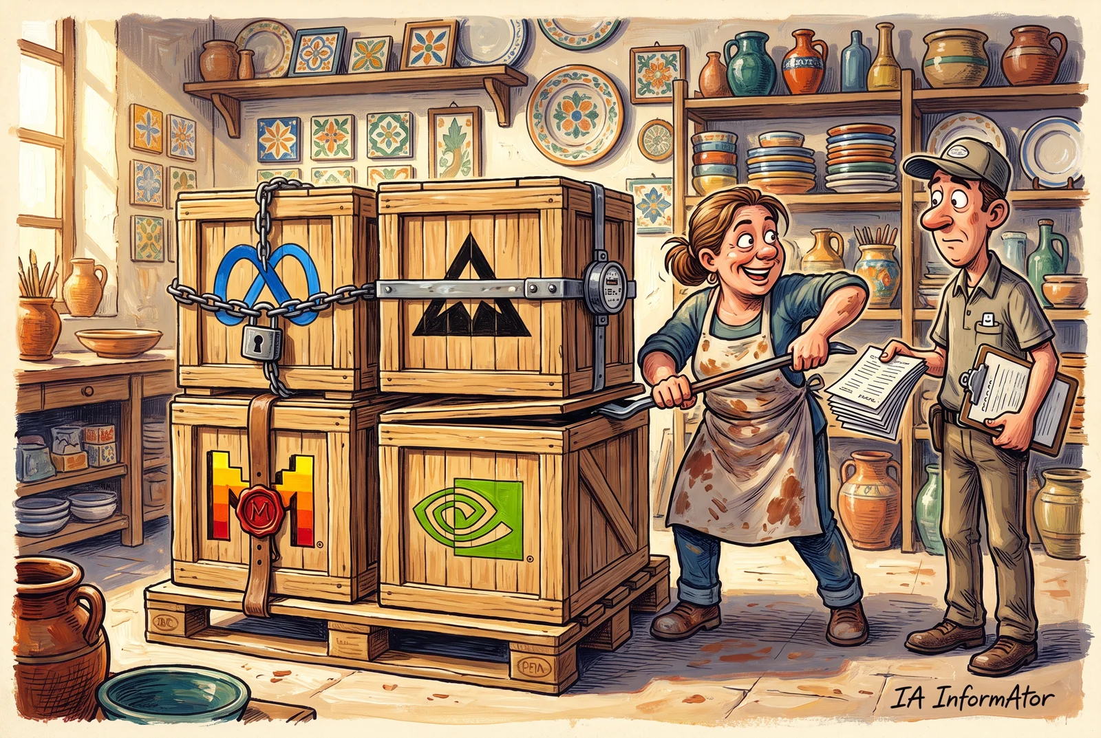 Ilustración: en un taller de cerámica, la dueña abre con una palanca la caja de Nvidia de un palé con cuatro cajas marcadas con los símbolos de Meta, Black Forest Labs, Mistral y Nvidia, las otras atadas con cadenas y correas, mientras el repartidor le tiende un fajo de licencias.