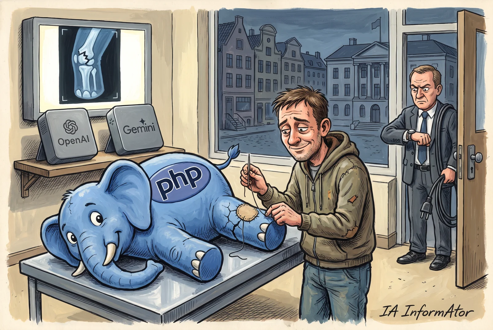 Il·lustració: en una consulta veterinària, un voluntari esgotat cus un pedaç a la pota d'un elefant de peluix blau amb el logotip de PHP, estirat a la llitera; al prestatge, dos aparells amb els logotips d'OpenAI i Gemini al costat de la radiografia de la fractura, i a la porta un funcionari amb un cable desendollat mira el rellotge, amb un carrer europeu a l'altra banda de la finestra. Representa les dues fallades crítiques de PHP que es van trobar amb IA i els webs públics que Europa va desconnectar fins al pedaç.