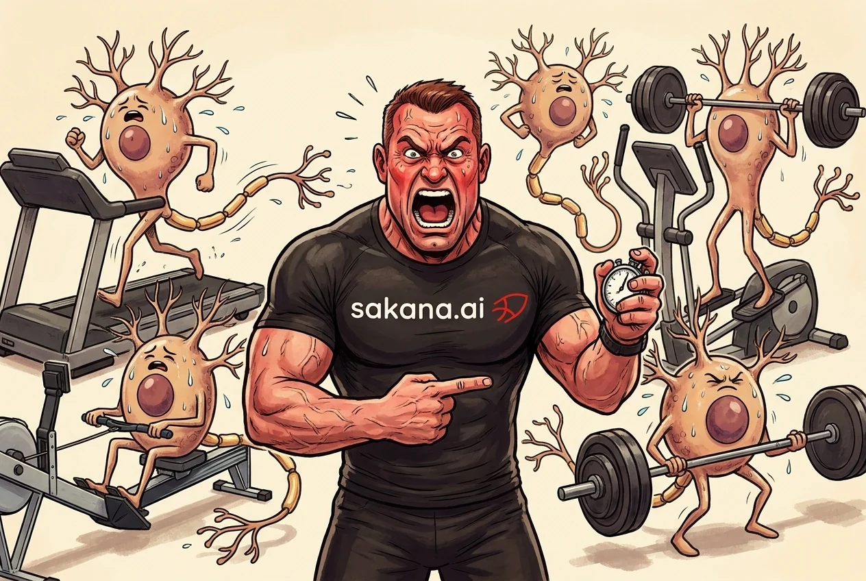 Un entrenador musculoso con camiseta negra en la que se lee sakana.ai grita con un cronómetro en la mano, rodeado de neuronas con brazos y piernas que sudan corriendo en la cinta, remando y levantando pesas.