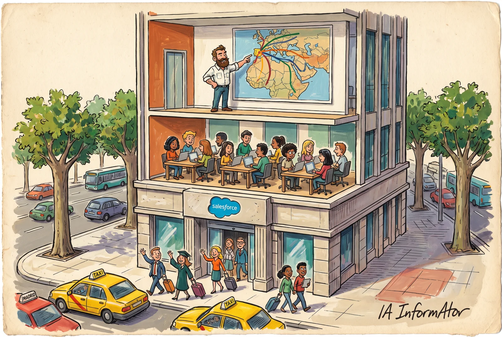 Il·lustració: la seu de Salesforce al passeig de la Castellana de Madrid, oberta en secció com una casa de nines: a dalt, un home assenyala un mapa amb rutes que surten de Madrid cap a Europa, el Pròxim Orient i l'Àfrica; al mig, joves de diferents països es formen davant dels seus portàtils; a baix, els graduats surten amb les maletes cap als taxis. Representa la seu com a centre d'una regió de més de 90 països.