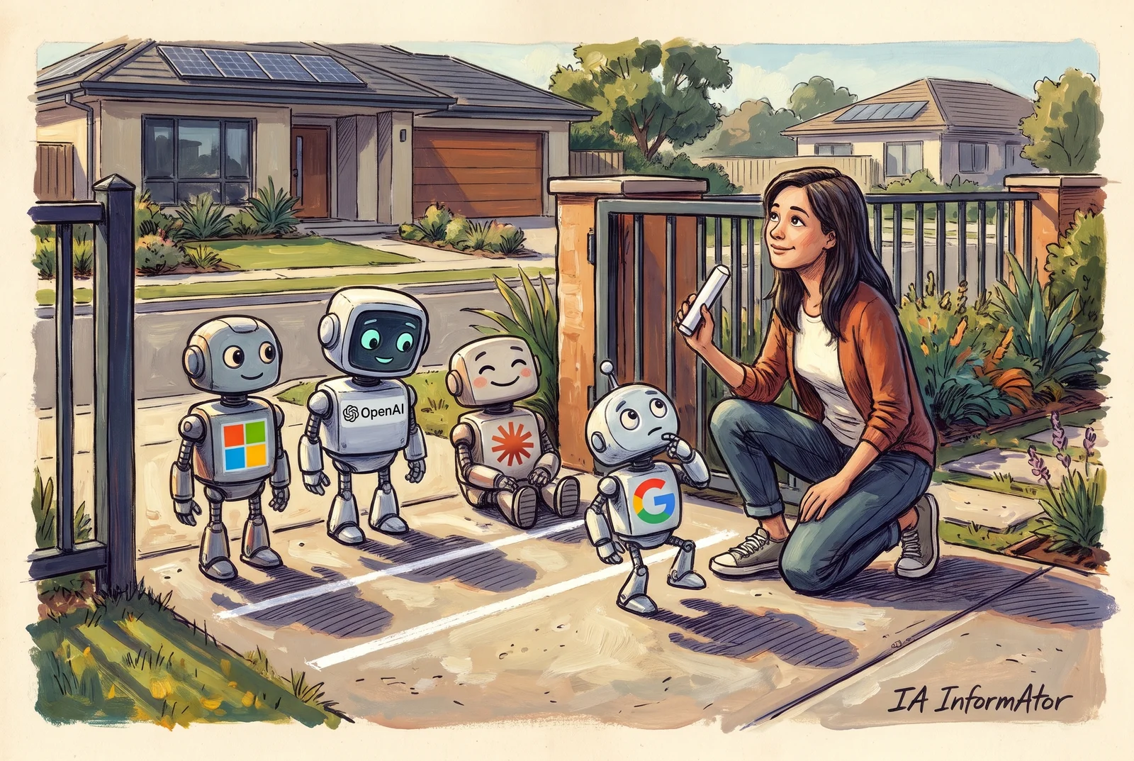 Davant de la reixa d'una casa, una dona ajupida, amb un guix a la mà, mira el cel pensativa al costat de dues ratlles blanques que acaba de pintar a terra; davant d'elles esperen robots amb els logos de Microsoft, OpenAI i Claude, aquest últim assegut, mentre el de Google, amb la mà a la barbeta, s'ho pensa damunt de la ratlla.