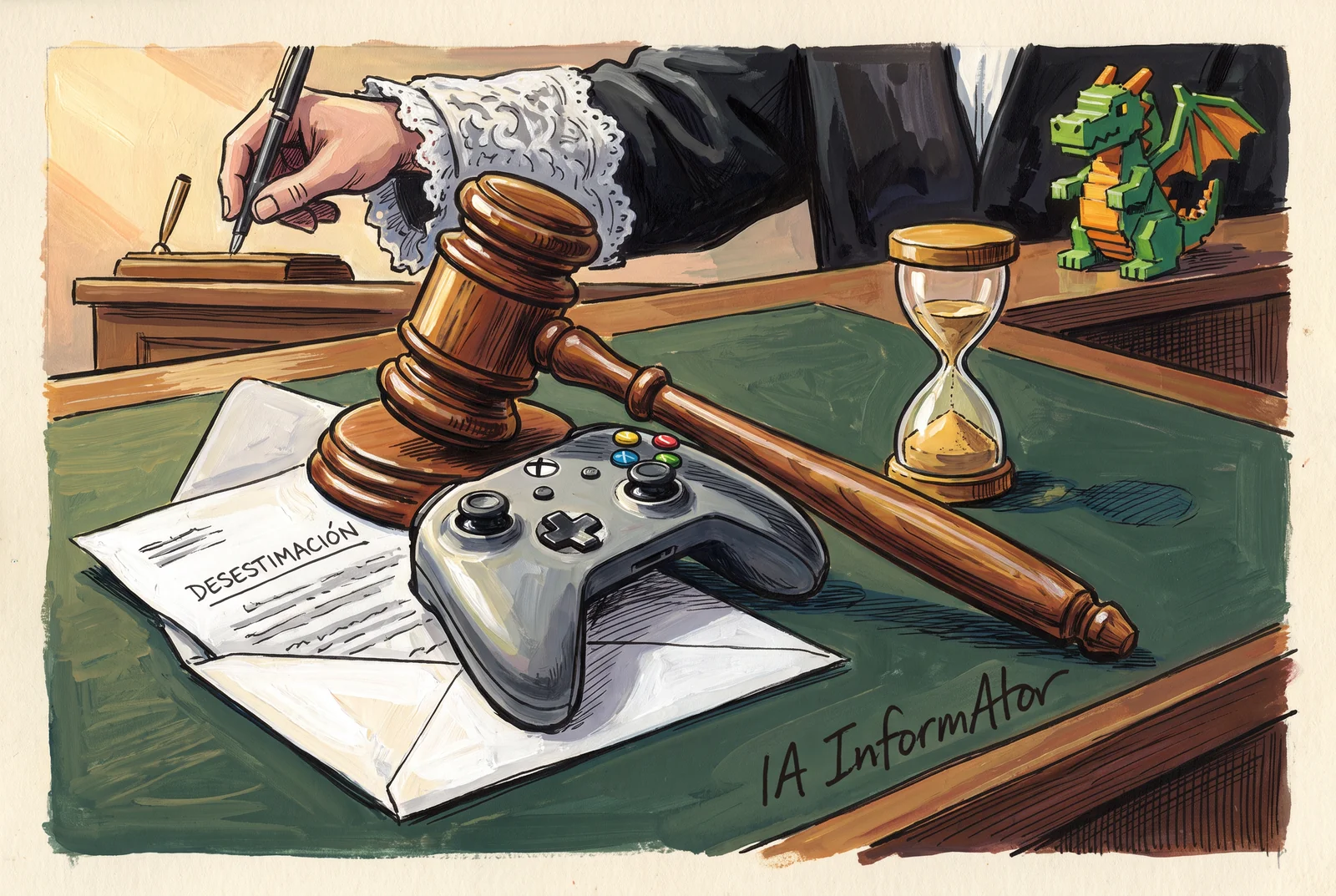Sobre la taula d'un tribunal, una maceta, un comandament de videoconsola i un rellotge de sorra reposen al costat d'un sobre i una resolució amb la paraula «DESESTIMACIÓN», mentre la mà d'una magistrada amb punys de puntes signa un altre document i, al fons, una figureta de drac feta de blocs vigila l'escena.
