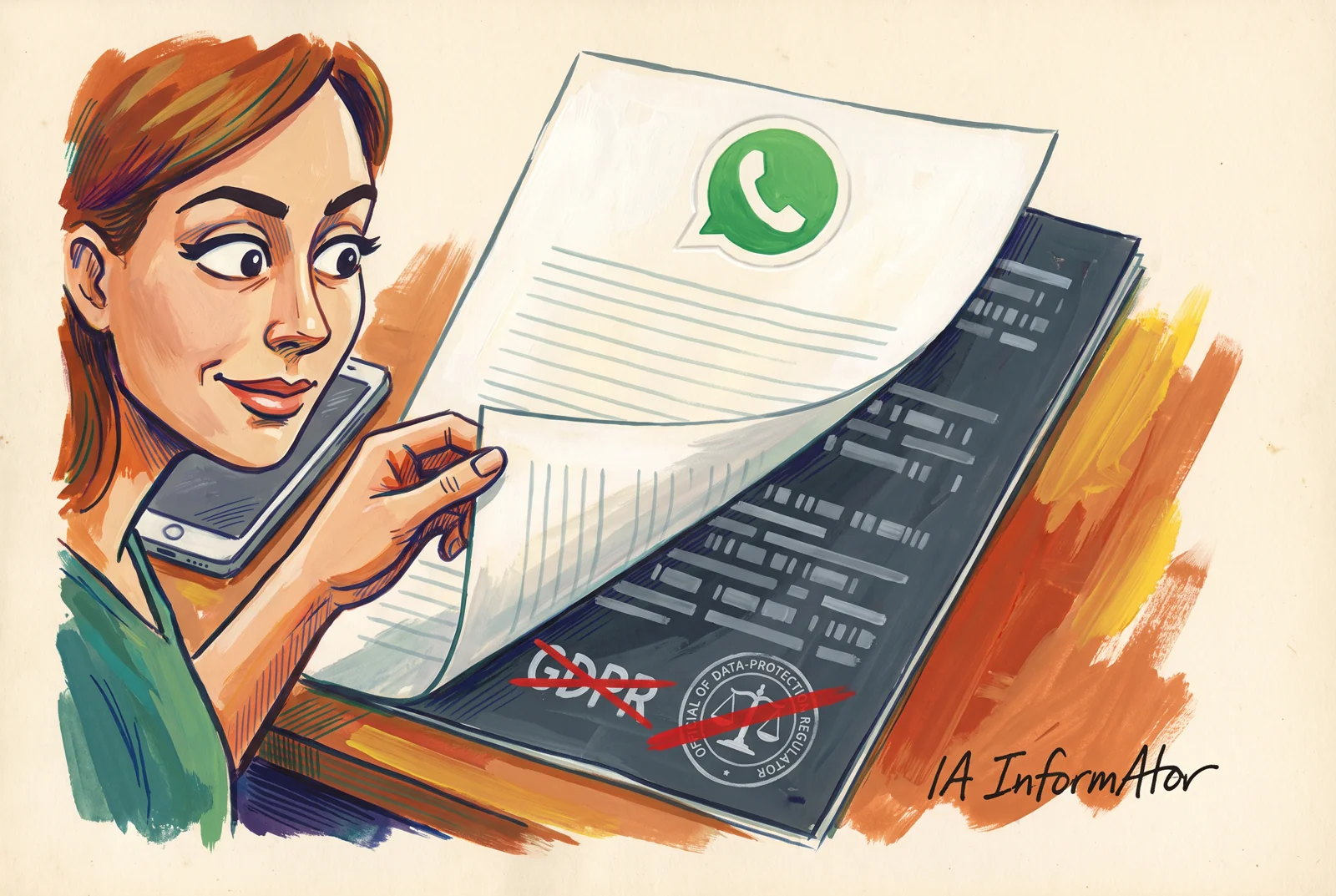 Ilustración: una mujer con el móvil en la mano levanta la esquina de una página de ayuda con el logotipo de WhatsApp y descubre debajo una segunda hoja oscura, llena de código, con el sello de una autoridad de protección de datos y la palabra «GDPR» tachados en rojo. Representa las instrucciones ocultas para el chatbot de soporte que había en el código de esas páginas.