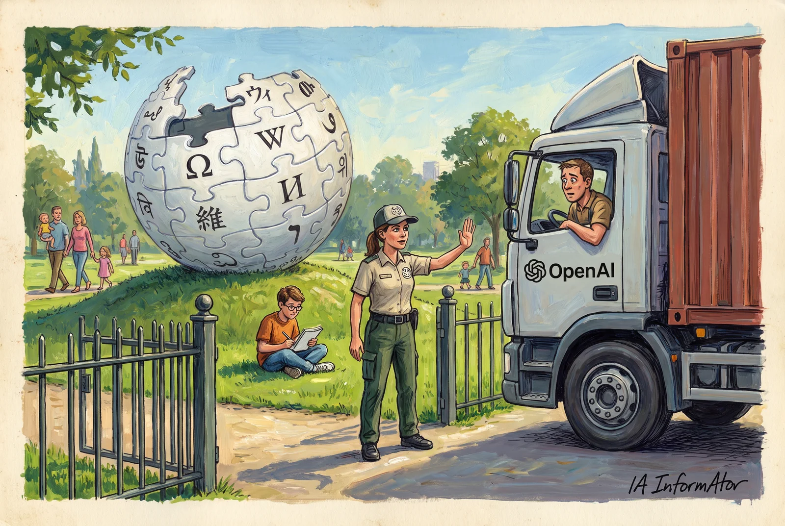 En un parque, junto a una gran bola de puzle con el logo de Wikipedia, una guarda, en la entrada abierta de la verja, levanta la mano para detener un camión de OpenAI cuyo conductor se asoma, sorprendido, por la ventanilla; detrás, sentado en la hierba, un niño con gafas toma notas en su cuaderno mientras pasean varias familias.