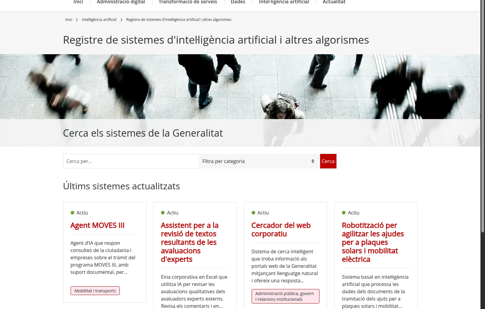 La página del «Registre de sistemes d'intel·ligència artificial i altres algorismes» de la Generalitat, con el buscador «Cerca els sistemes de la Generalitat» y las fichas de los últimos sistemas dados de alta, como el Agent MOVES III.